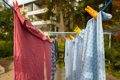 Close-up of clothes drying on clothesline