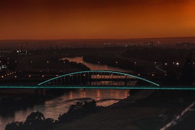 Bridge over river in city against sky at sunset