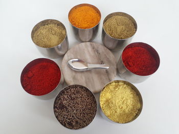 High angle view of multi colored candies against white background