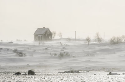 Snowy landscape with wooden house