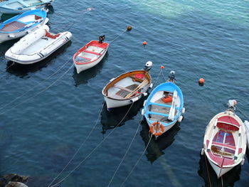 High angle view of boats moored in sea