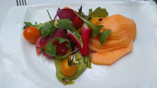 High angle view of vegetables in plate