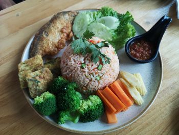 High angle view of food in plate on table