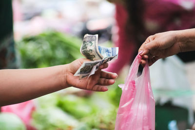 Cropped hand of customer giving paper currencies to vendor