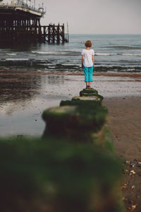 Rear view of woman standing on wooden post at beach