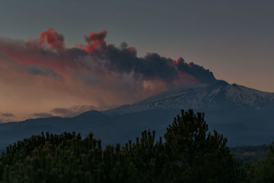 Scenic view of snowcapped mountains against sky during sunset