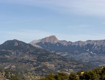 Mallorca panoramic view with lush spring vegetation and mountain scenery with puig major