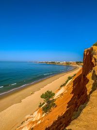 Scenic view of beach against clear blue sky