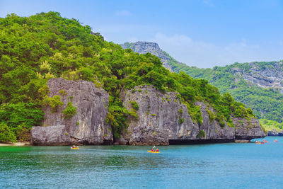 Scenic view of bay against clear sky