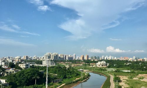 Panoramic view of city buildings against sky