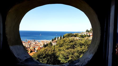 Scenic view of sea against clear sky seen through window
