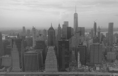 High angle view of one world trade center with cityscape against sky