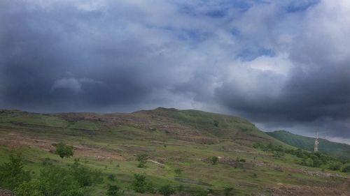 Scenic view of mountains against cloudy sky