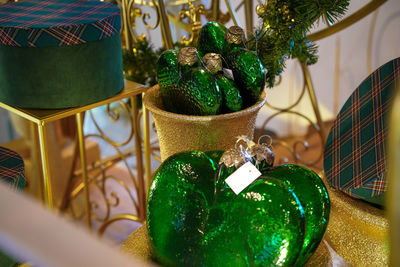 Close-up of christmas decorations on table