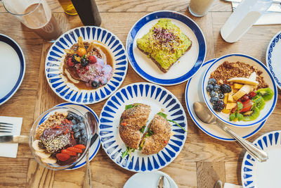 High angle view of meal served on table