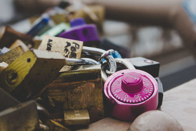 Close-up of padlocks on metal