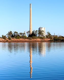 Scenic view of lake against clear blue sky