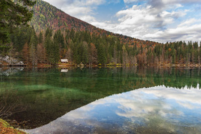 Scenic view of lake by mountain against sky