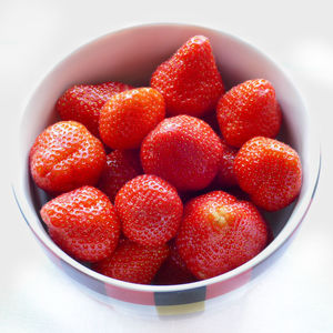 High angle view of strawberries in bowl