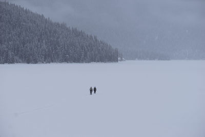 People skiing on snow covered landscape