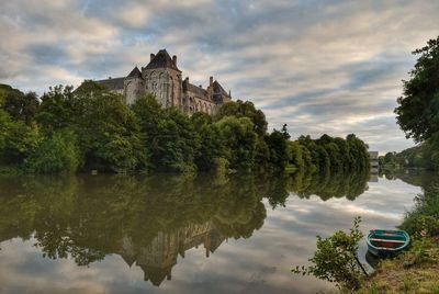 Reflection of trees in lake against sky