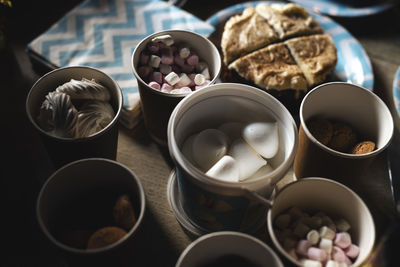 High angle view of breakfast on table