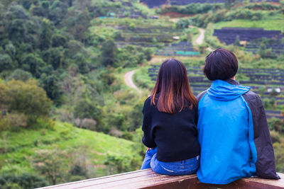 Rear view of couple sitting against trees