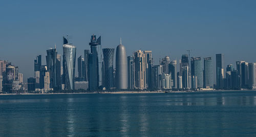 Sea by modern buildings against clear sky