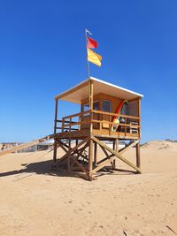 Parasol on beach against clear blue sky