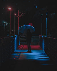 Rear view of woman walking on wet illuminated footpath at night