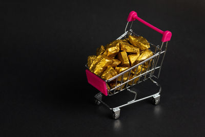High angle view of food on table against black background