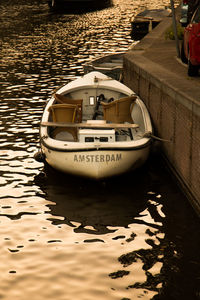 High angle view of boat sailing in river