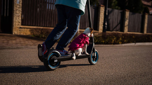 Low section of man riding push scooter on road