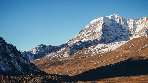 Scenic view of mountains against clear blue sky