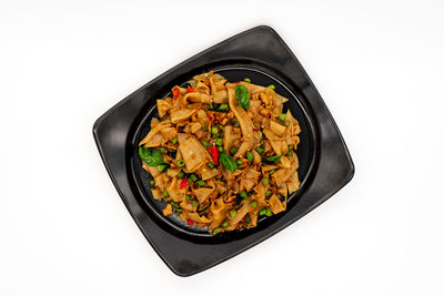 High angle view of food on table against white background