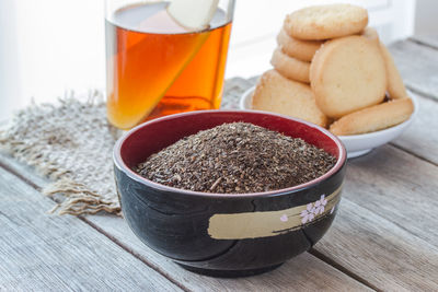 High angle view of bread in bowl on table