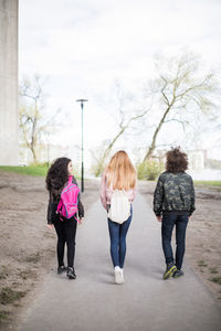 Rear view of friends walking on footpath in city