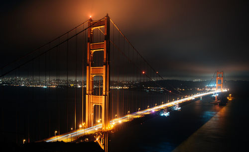 Illuminated suspension bridge at night