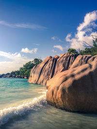 Scenic view of sea and mountains against sky