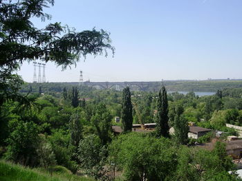 Trees on landscape against clear sky