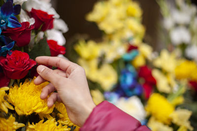 Close-up of hand holding bouquet of flower