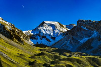 Panoramic view of snowcapped mountains against clear blue sky