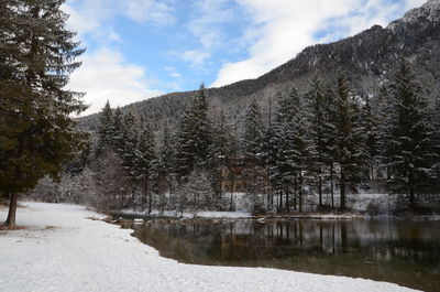 Scenic view of mountains against sky during winter