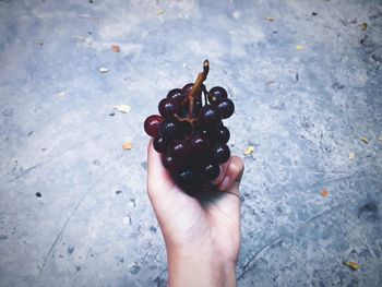 Cropped hand of woman holding grapes on street