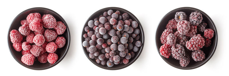 High angle view of fruits in bowl against white background