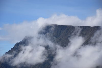 Low angle view of volcanic mountain against sky