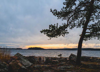 Scenic view to the sea against a sunset sky