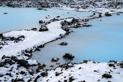 High angle view of frozen lake during winter