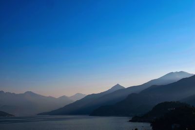 Scenic view of mountains against clear blue sky