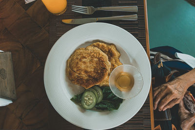 High angle view of breakfast served on table